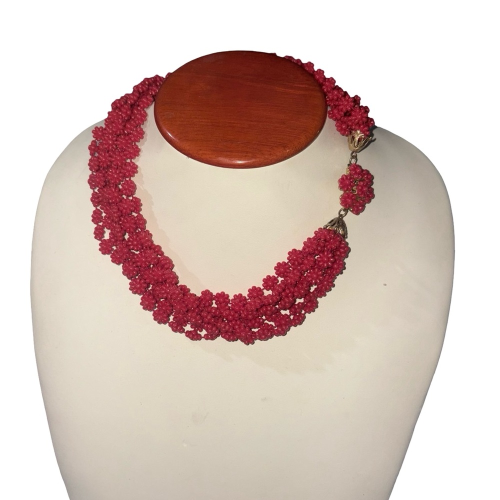 Rare 1940s Multi-Strand Cherry Red Beaded Floral Choker Necklace